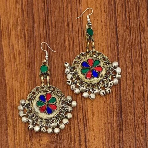 Afghan Massive Dangle Earrings, Tribal Earrings With Glass Stones and Bells, - Picture 1 of 8